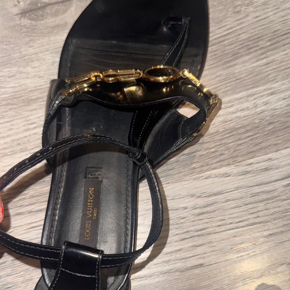 Authentic Louis Vuitton Gold and Black Leather Sandals - Picture 6 of 11